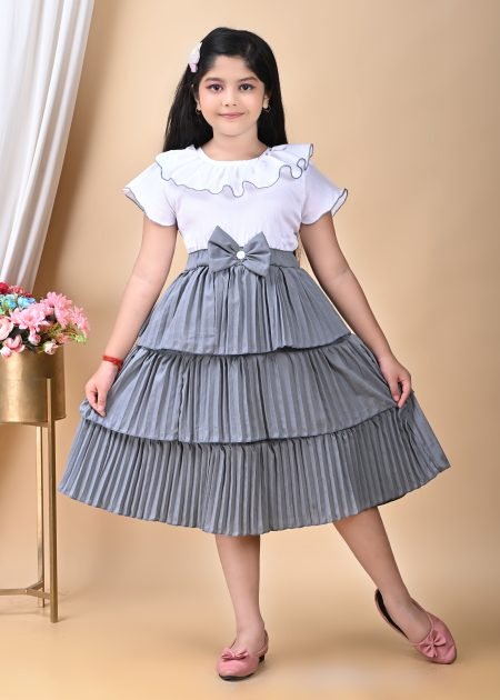 Girl's Calf Length pleating Frock With Grey Bottom