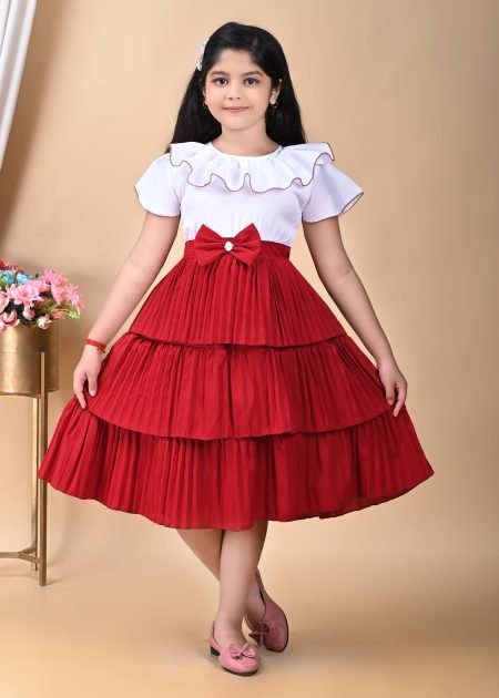 Girl's Calf Length Pleated Frock With Red Bottom