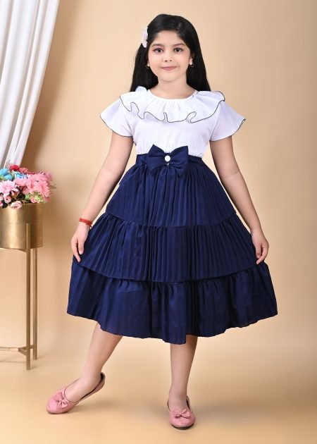 Girl's Calf Length Pleated Frock With Blue Bottom